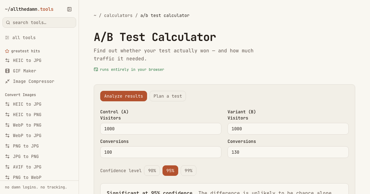 Screenshot of the A/B Test Calculator tool