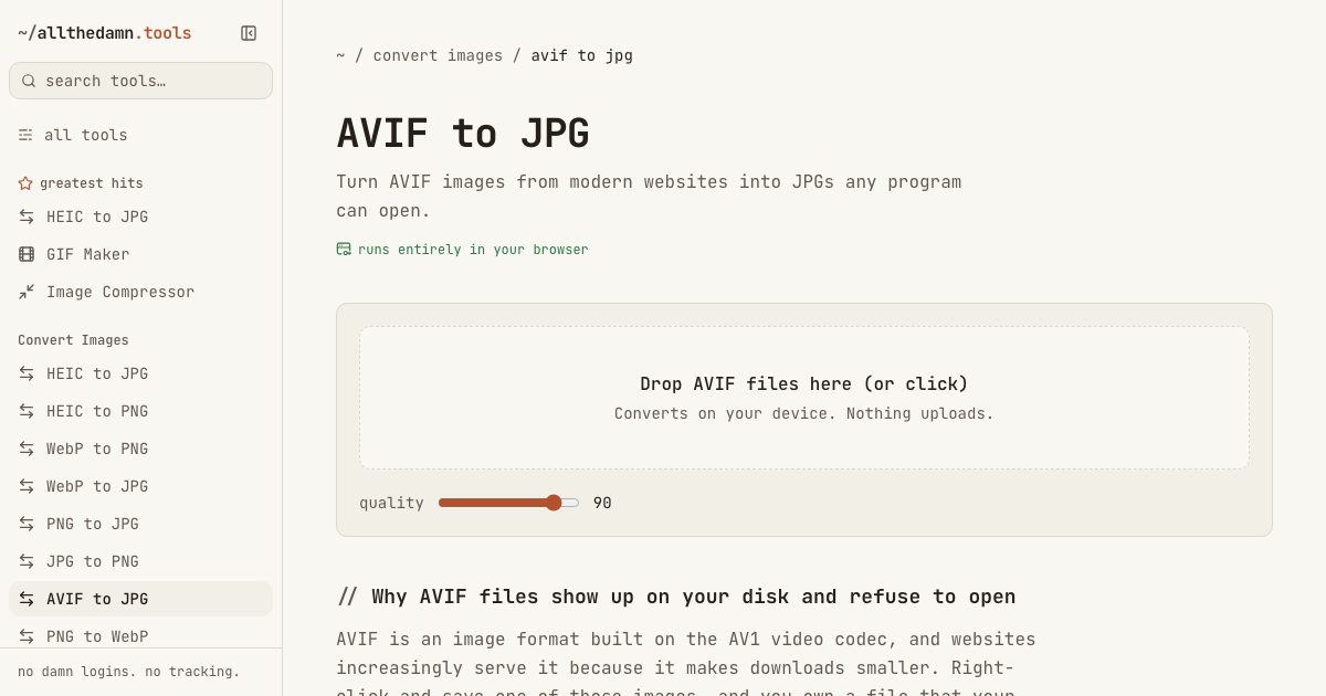 Screenshot of the AVIF to JPG tool