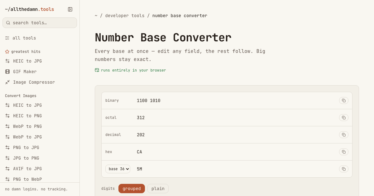 Screenshot of the Number Base Converter tool