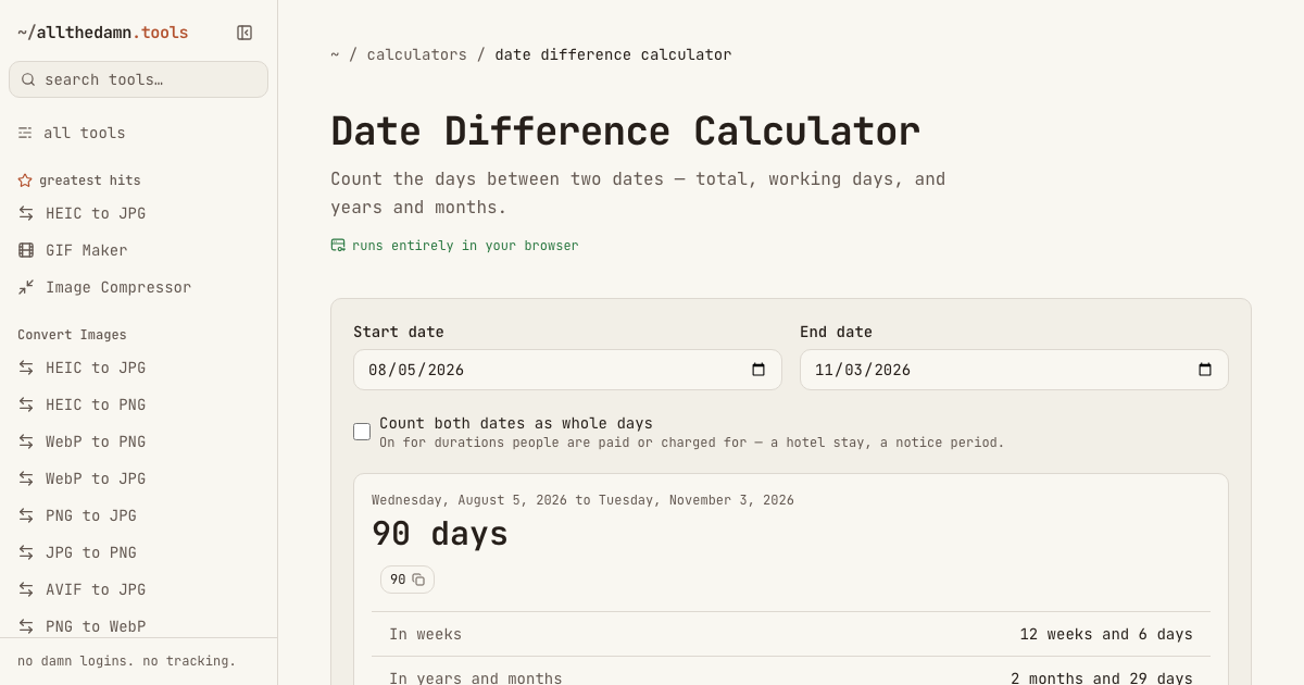 Screenshot of the Date Difference Calculator tool