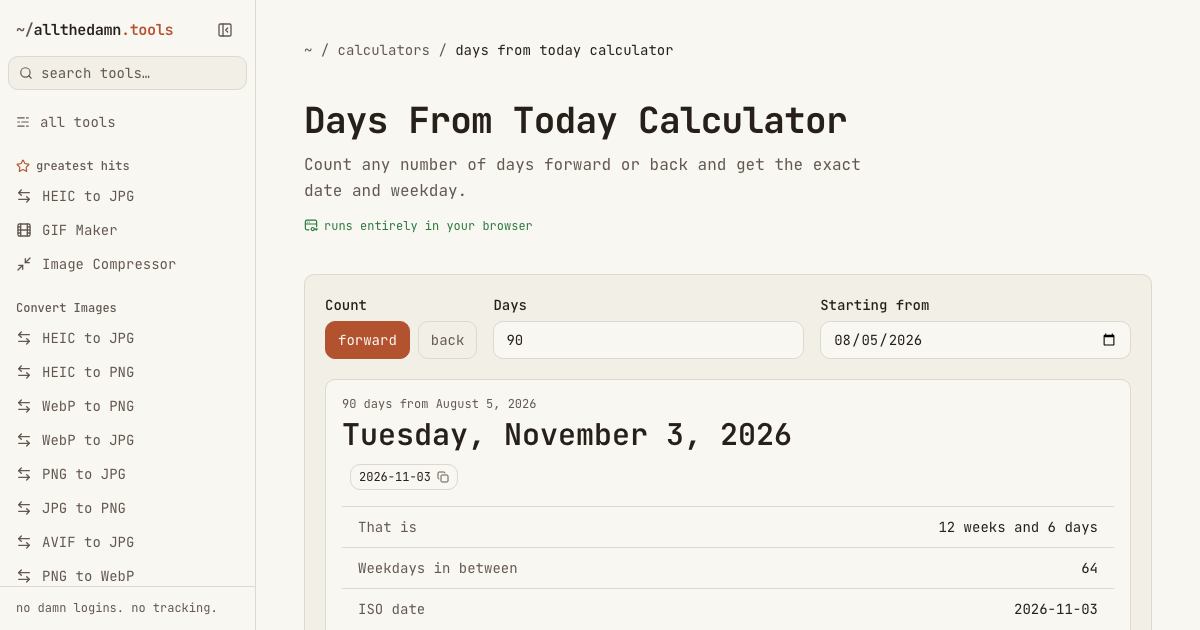 Screenshot of the Days From Today Calculator tool