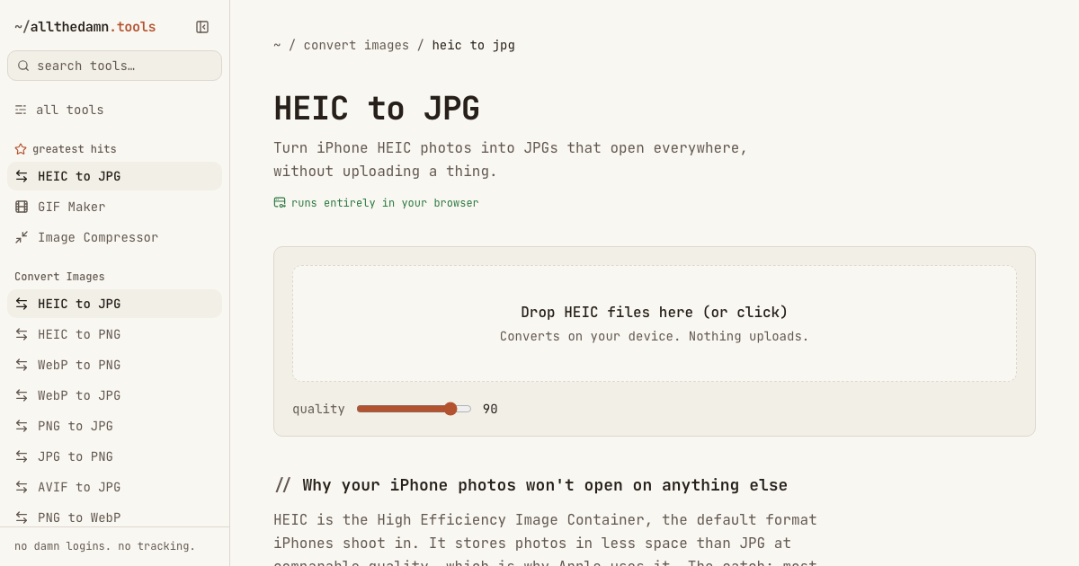 Screenshot of the HEIC to JPG tool