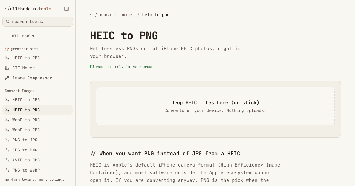 Screenshot of the HEIC to PNG tool