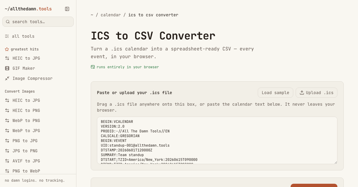 Screenshot of the ICS to CSV Converter tool