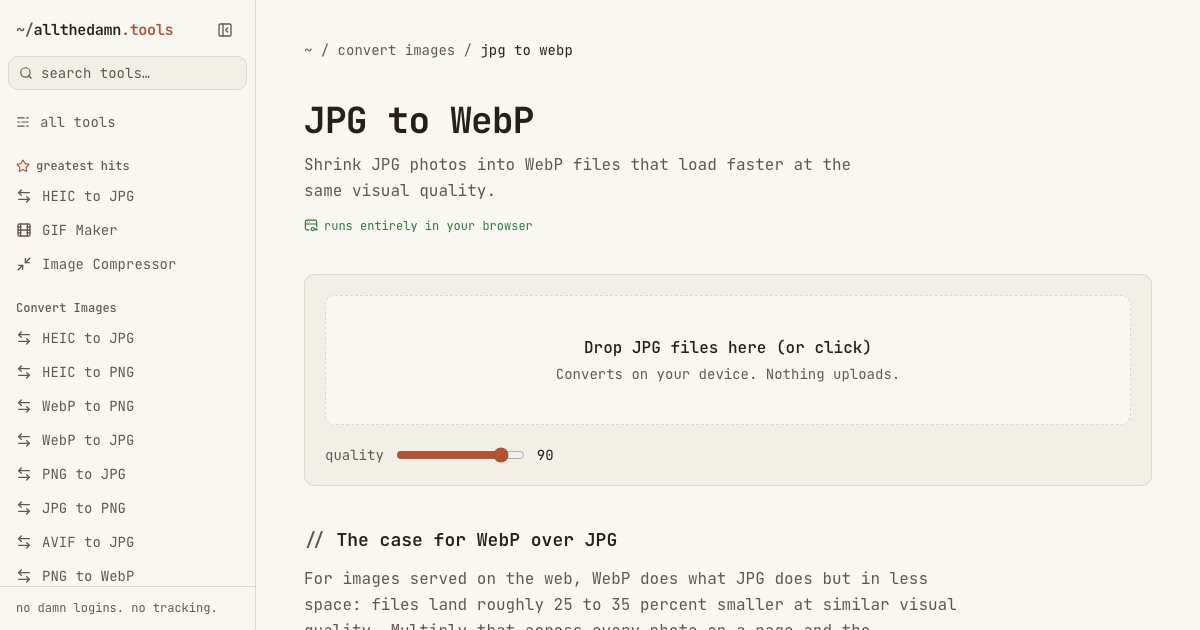Screenshot of the JPG to WebP tool