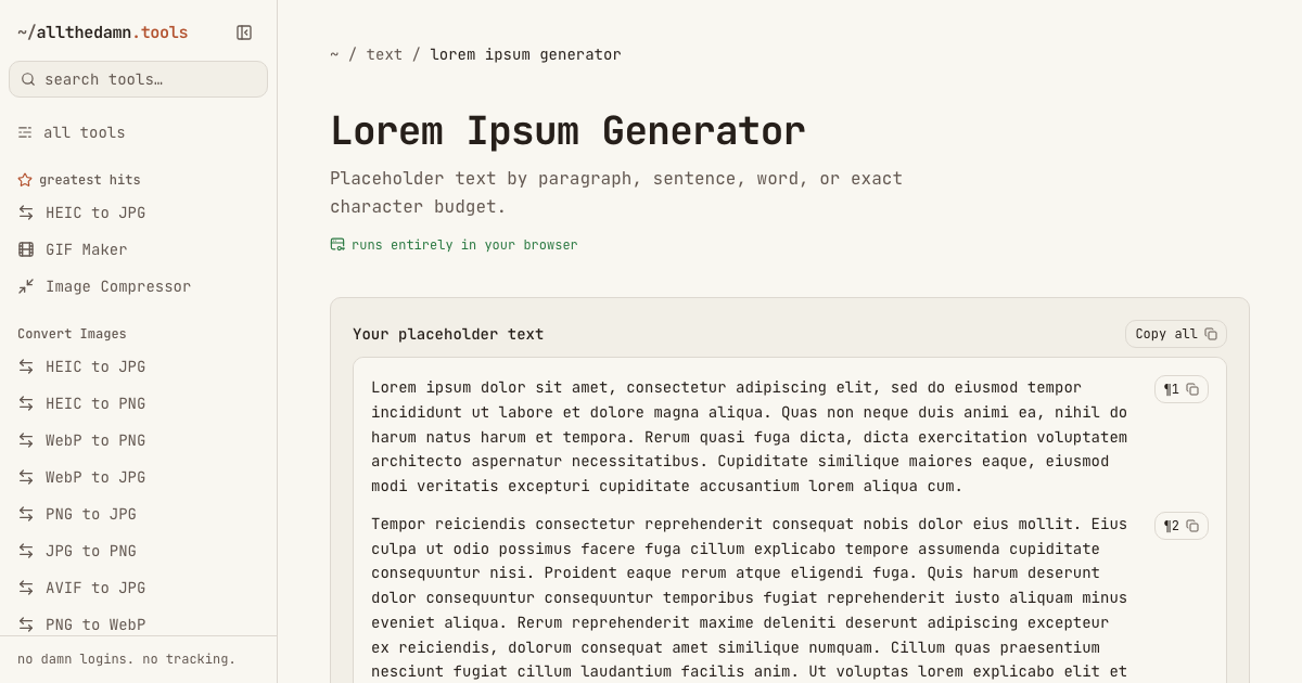 Screenshot of the Lorem Ipsum Generator tool