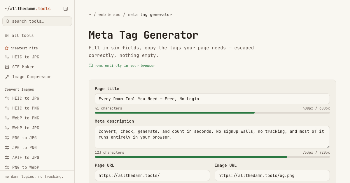 Screenshot of the Meta Tag Generator tool