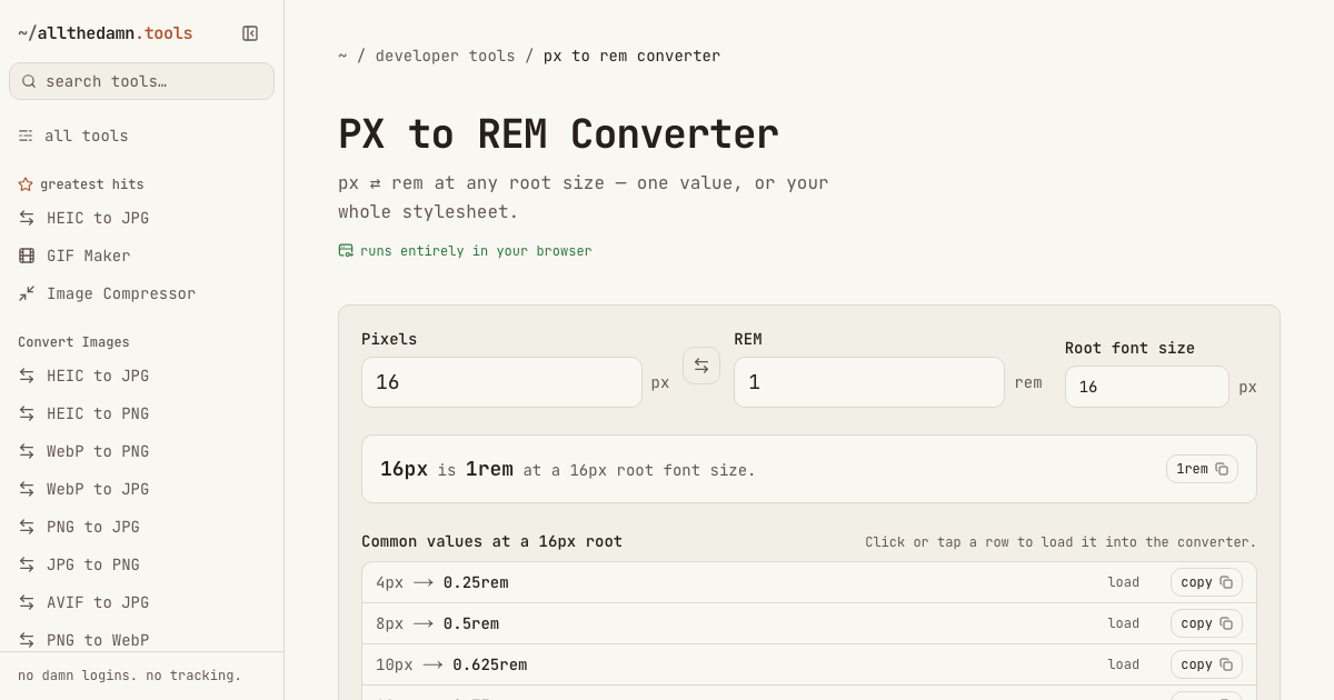 Screenshot of the PX to REM Converter tool