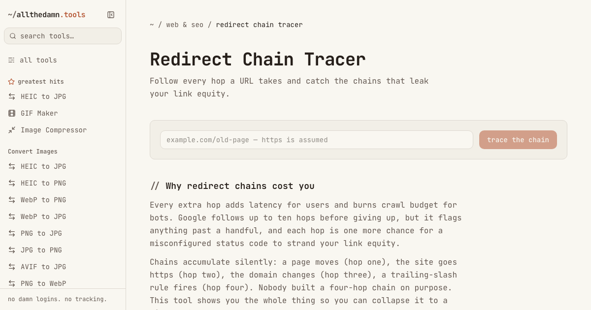 Screenshot of the Redirect Chain Tracer tool