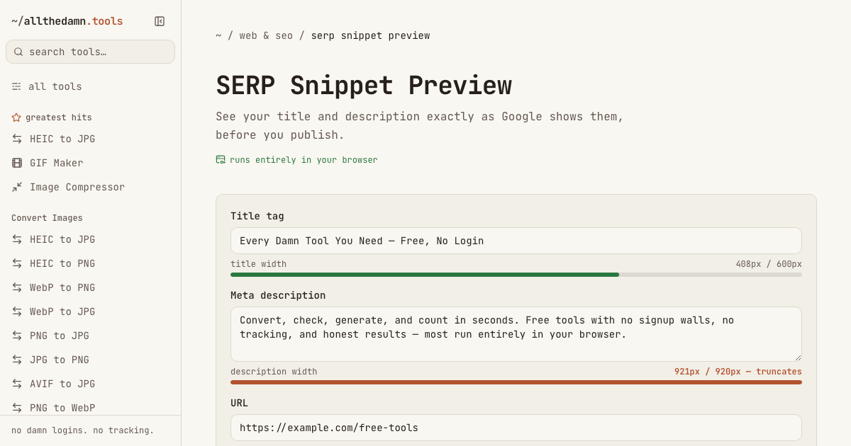 Screenshot of the SERP Snippet Preview tool