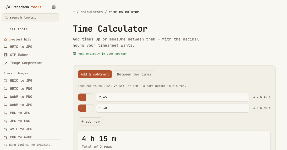 Screenshot of the Time Calculator tool