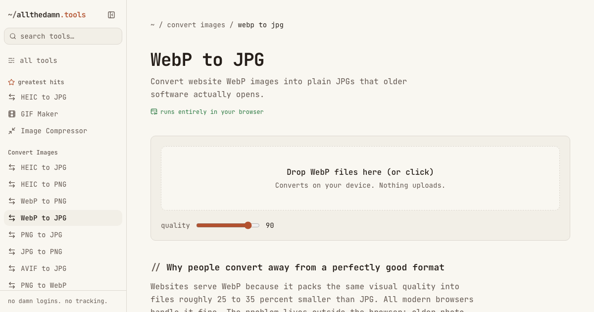 Screenshot of the WebP to JPG tool