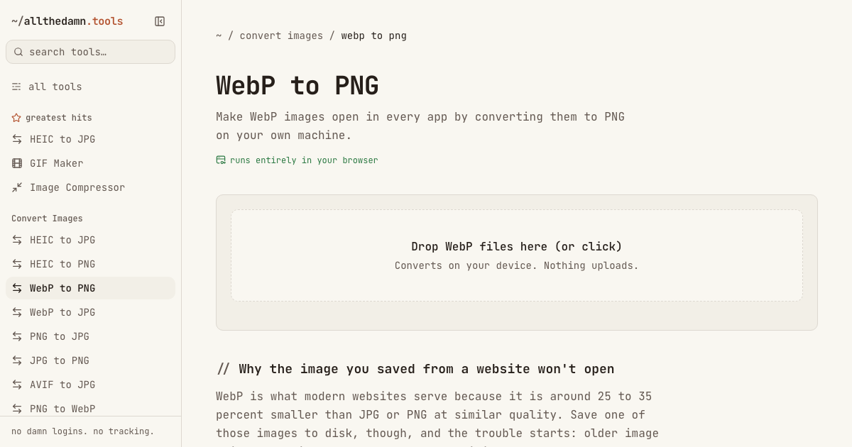 Screenshot of the WebP to PNG tool